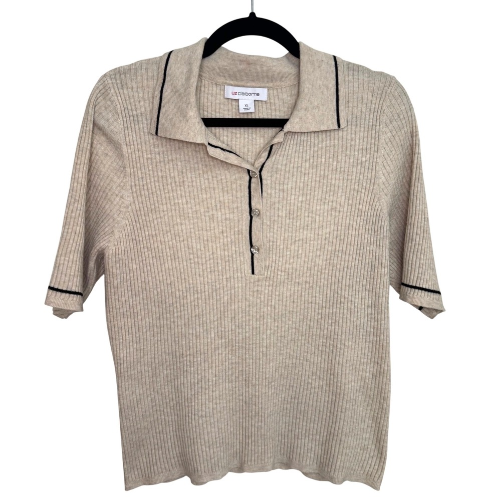 Preppy Ribbed Knit Polo Sweater Top Beige Poly Rayon Liz Claiborne Tipped XL